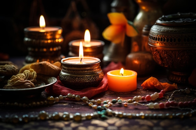 candles and traditional objects arabesque background generated by ai