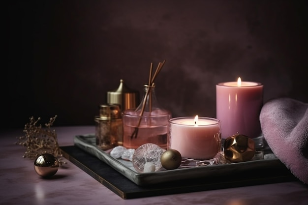 Candles on a tray with a candle and other items on it