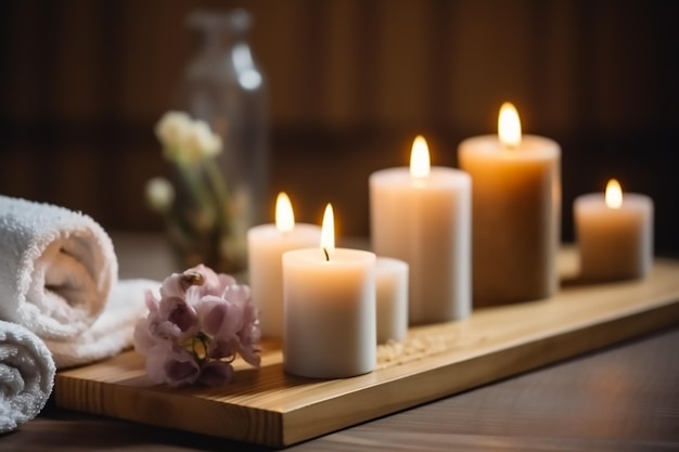 Candles on a tray with a flower on the table