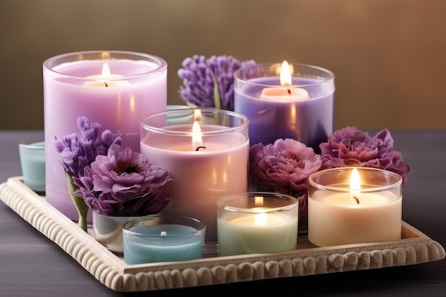 Candles on a tray with purple flowers