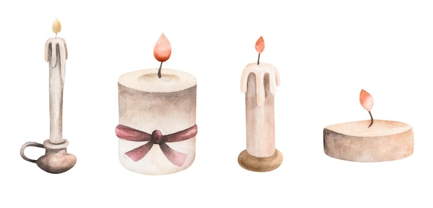 Candles in watercolor. Drawing of a set of wax candles on a white background.