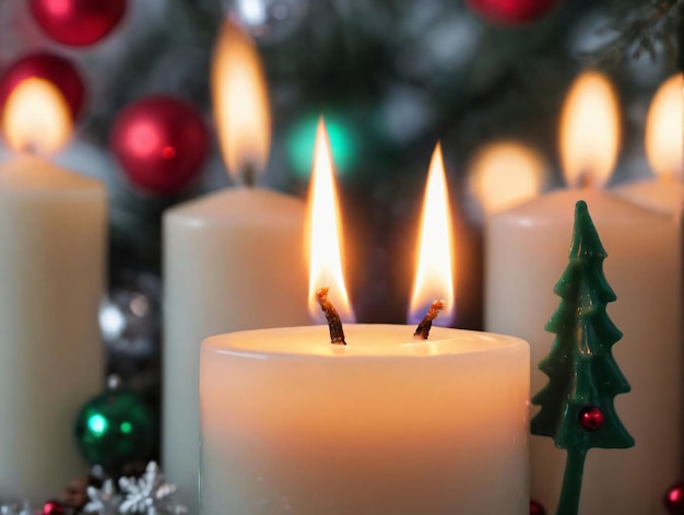 Candles with christmas decorations and a christmas tree