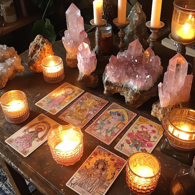 Candles with crystal clusters and tarot cards