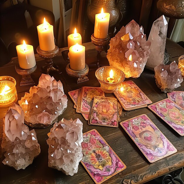 Candles with crystal clusters and tarot cards