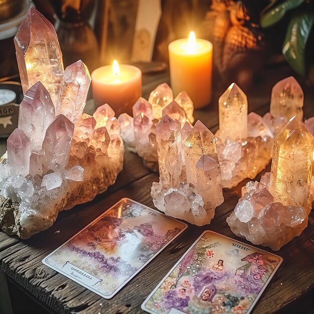 Photo candles with crystal clusters and tarot cards