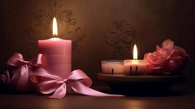 candles with pink bows on a dark background.