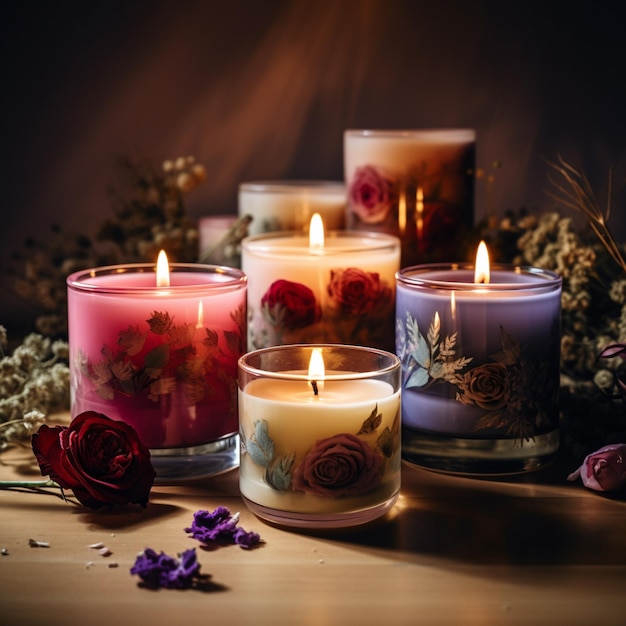 Свечи с розами и другими цветами зажигаются на столе.
