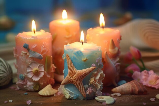 Candles with starfish on them and a starfish on the bottom