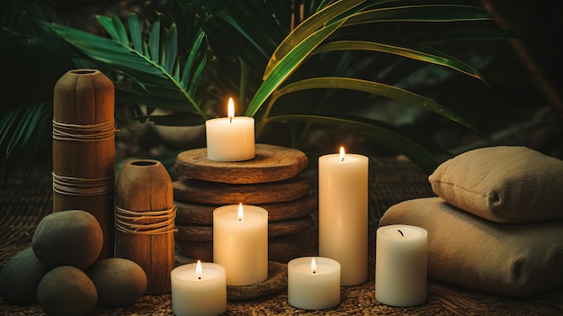 candles on a wooden table with a plant in the background