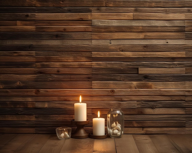 Candles on a wooden table with a wooden background