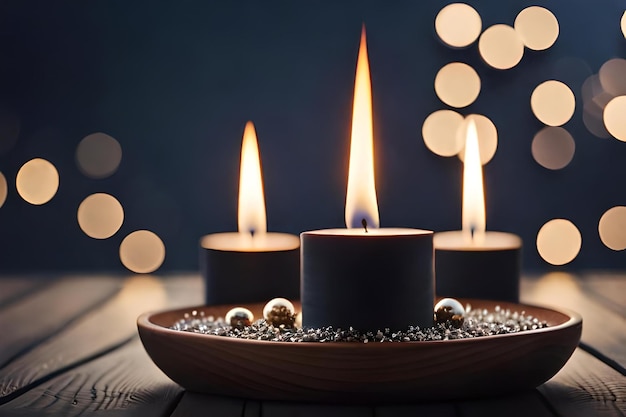 Candles in a wooden tray with a candle in the middle.