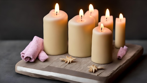 Свечи на деревянном подносе с розовым полотенцем на нем