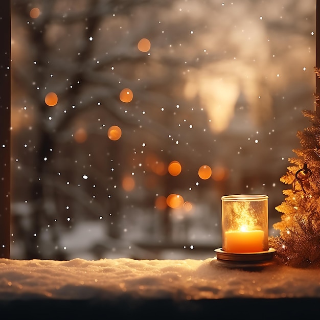 Candlesmas Day Candle Lit Window met vallende sneeuw Warm Golden Glow Holiday concept banner poster