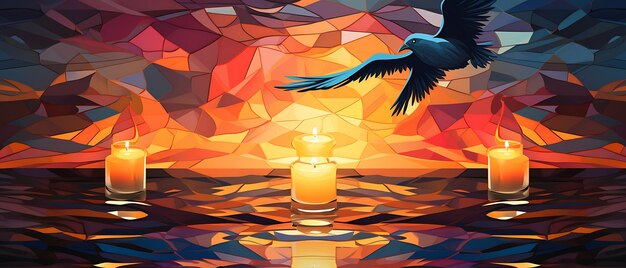 Foto candlesmas day candlelight shining through a stained glass dove rai holiday concept banner poster