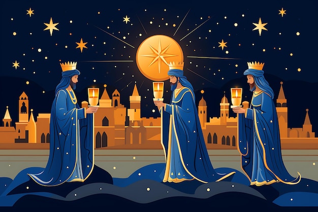 Photo candlesmas day three kings offering candles royal blue and gold col holiday concept banner poster