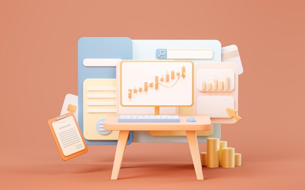 Candlestick chart and website page 3d rendering