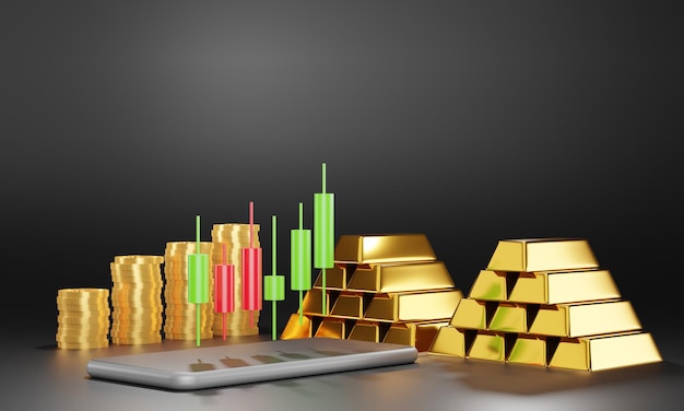 Восходящий тренд свечного графика инвестиционной торговли на рынке золота 3D рендеринг