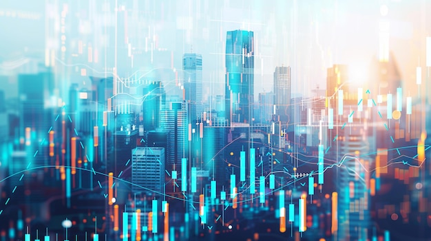 candlestick graph with blur skyscraper background investment and business finance concept