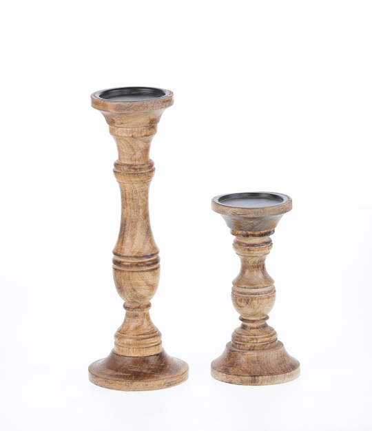 Premium Photo Candlestick,vintage tall wooden stand isolated on white