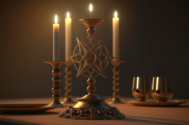 candlestick with candle on wooden table. image of tranquility and rest, meditation, religion and spirituality created with Generative AI technology