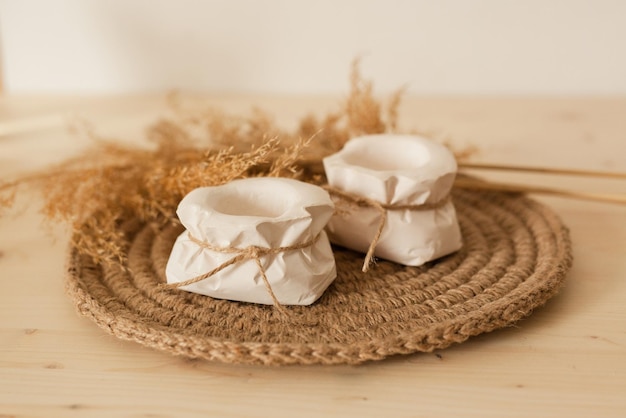 Candlesticks and jute napkin Handmade home decor Details of a cozy home interior