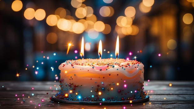 Candletopped birthday cake with bokeh from light sources