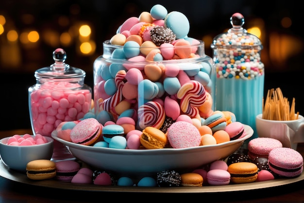 Photo candy bar colorful sweets in glass jars on the table at the party