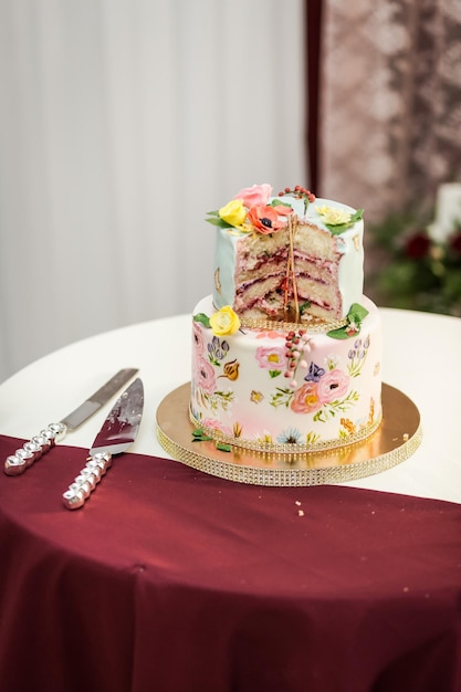 Candy Bar decorated by Delicious sweet buffet with cupcakes and other dessertscandieshappy birthday concept