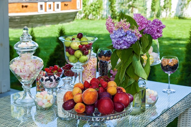 Candy bar made of fruit berries and marshmallow for a party