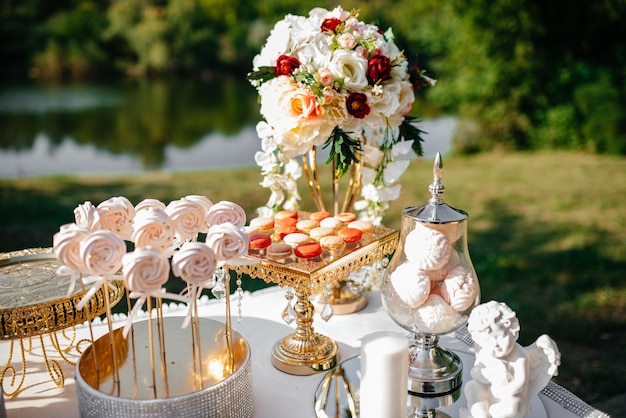 Candy bar. Table with sweets, candies, dessert