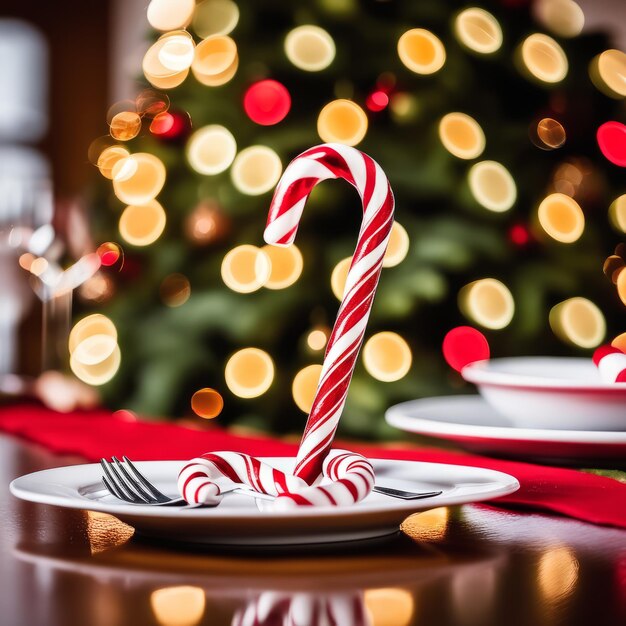 Candy cane against blurred christmas dinning table