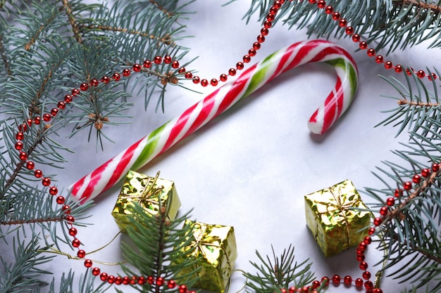 Candy cane Christmas tree branches on a light background Christmas concept Closeup View from above