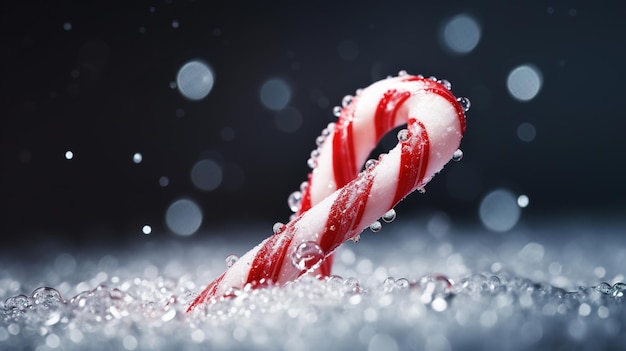 a candy cane is frozen in the snow