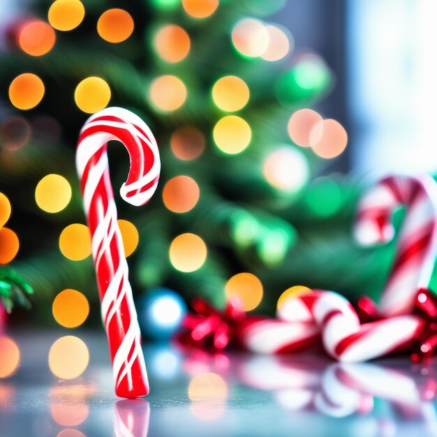 Candy cane with Christmas tree in blurred Background