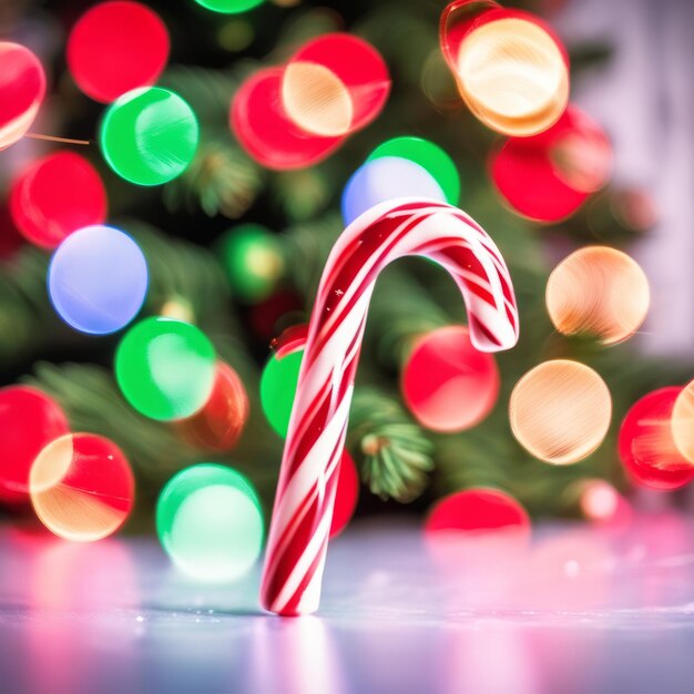 Candy cane with christmas tree in blurred background