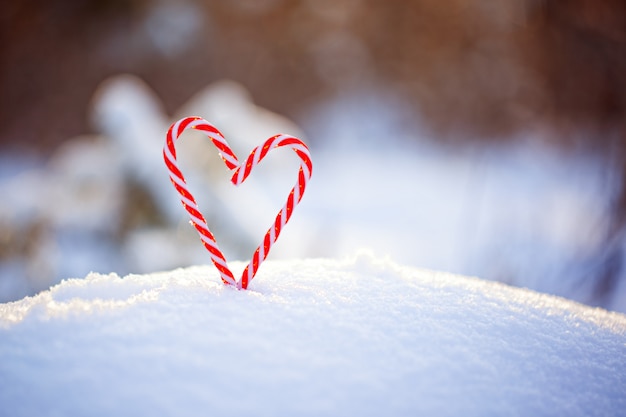 Bastoncini di zucchero a forma di cuore sulla neve. il concetto di amore e san valentino.