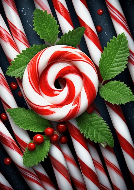 Candy canes with berries and leaves on a dark background