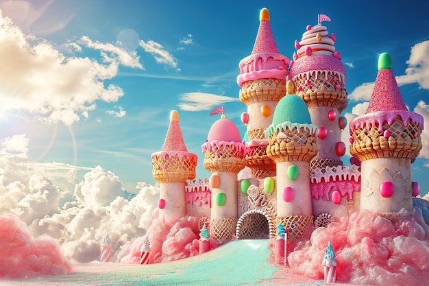 Candy castle featuring ice cream cone turrets a frosting covered drawbridge