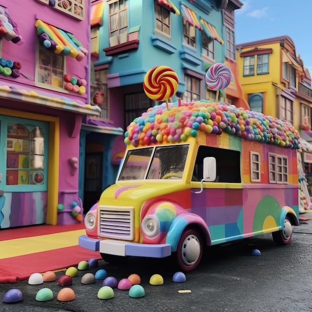 Photo candy city and candy car created using generative ai tools