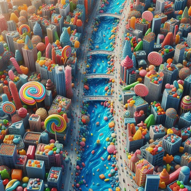 Candy city Top view of colorful candies on blue background Top view