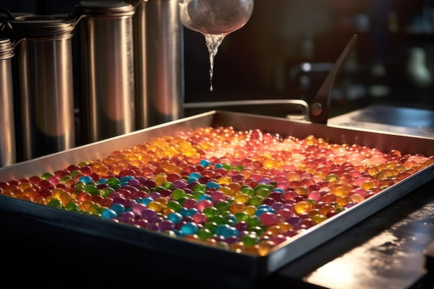 Foto processo di raffreddamento di caramelle su un piano d'acciaio creato con l'ia generativa