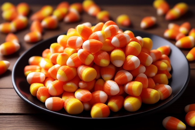 Candy Corn on a Black Plate and Wooden Desk Background