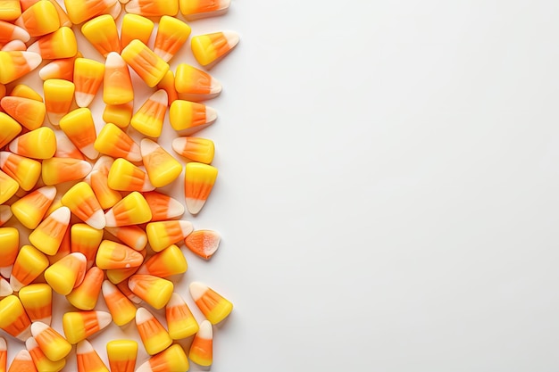 Candy corn candy on white background for halloween with classic colors and copy space halloween them