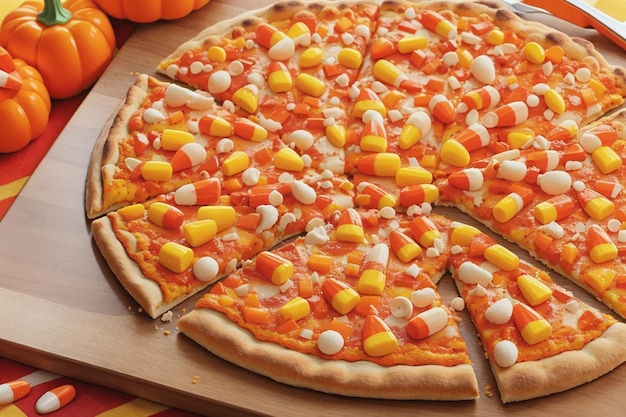 Candy Corn Pizza on Wooden Table