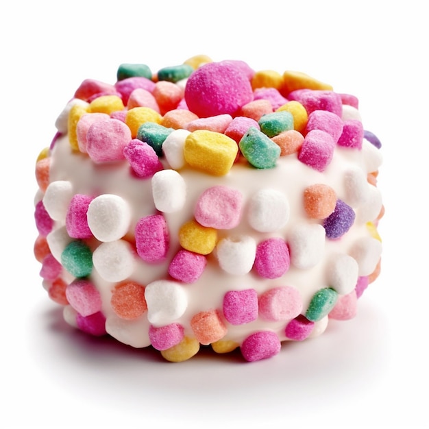 A candy covered marshmallow is on a white background.