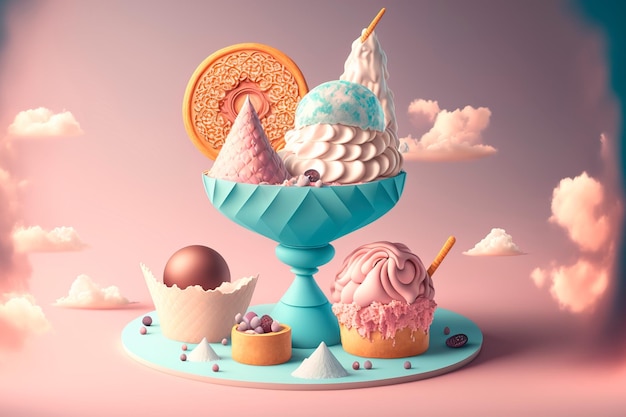 Candy dreamy dessert designColorful Cupcake and ice cream Generative AI