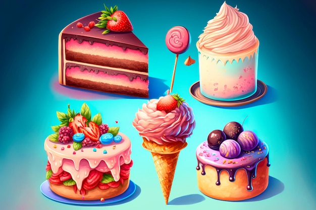 Candy dreamy dessert designColorful Cupcake and ice cream Generative AI