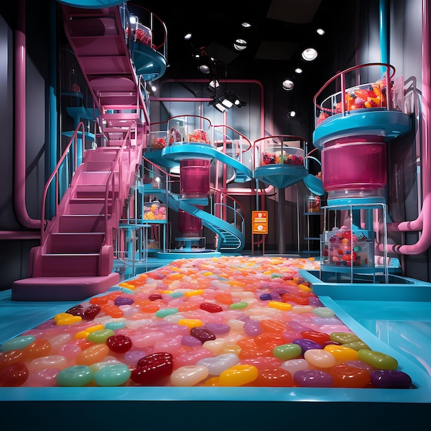 Foto fabbrica di caramelle candy conveyor belt gumball stool candy dispen design creativo live stream sfondi