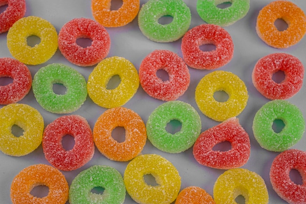 Photo candy gummies rings color assorted on white blackground