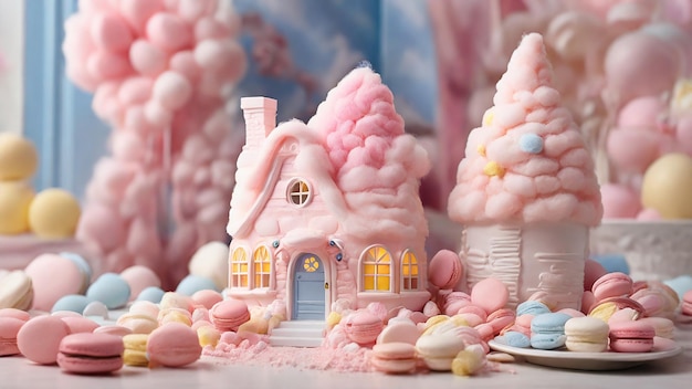 Candy house and sweet marshmallows on table closeup